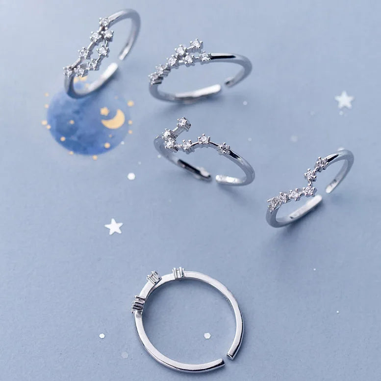 Classic Cute Design 925 Sterling Silver Zodiac Adjustable Finger Ring 12 Horoscopes S925 Women