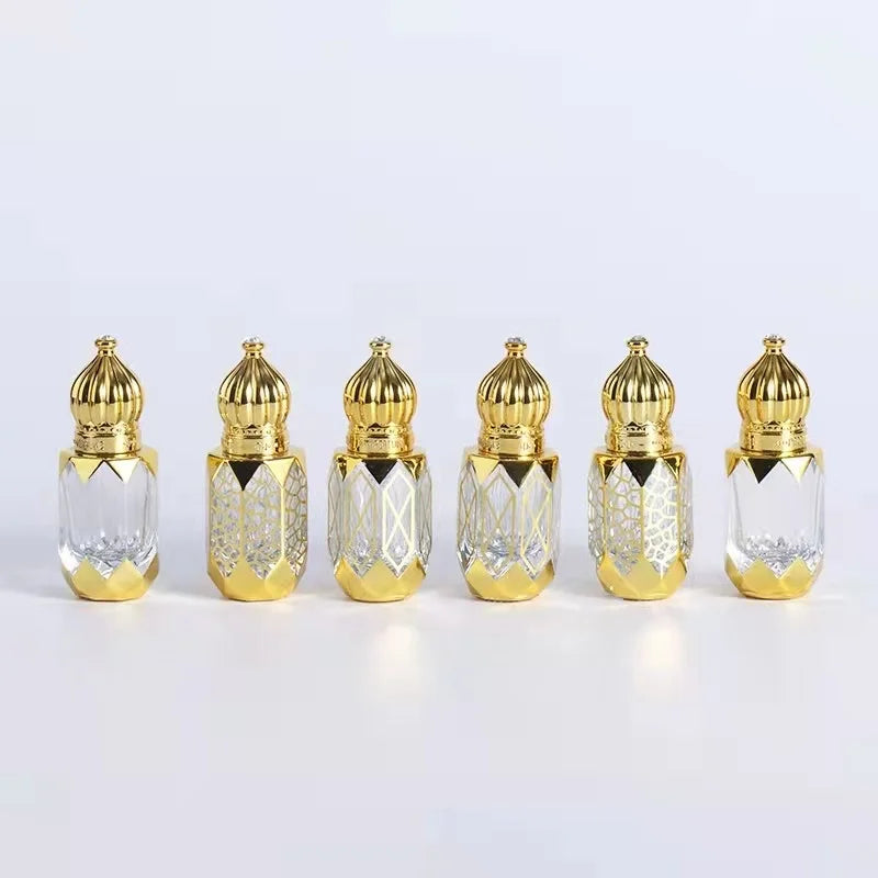 Mini 6ml Fancy Glass Attar Bottles with Roller Ball Gold Electroplating Tola Glass Bottle with Crown Lid for Essential Oil