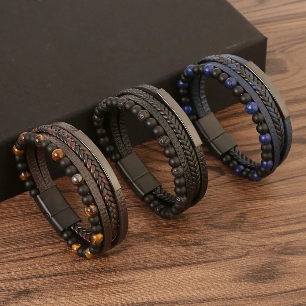 Natural Stone LeatherFashion Beaded Leather Vintage Men's Alloy BraceletHand Woven Alloy Bracelet