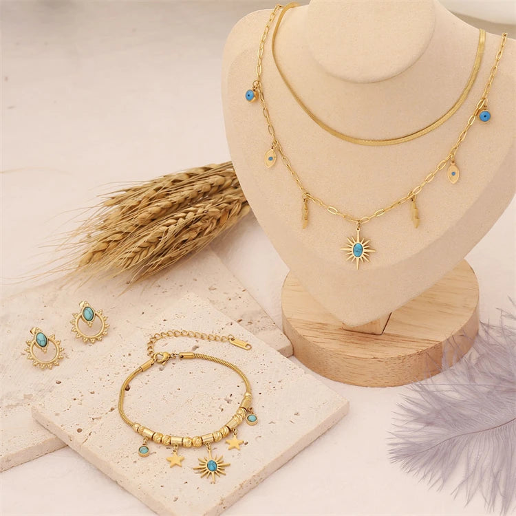 Hot Selling 18K Gold Plated Turquoise Gemstone Set Necklace Women Stainless Steel Link Chain Wedding Star Pendant