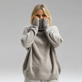 Women's Casual Style Loose Fit Oversized Cashmere Turtleneck Sweater Long Sleeve Winter Knitwear Bow Collar Appliques Front Logo