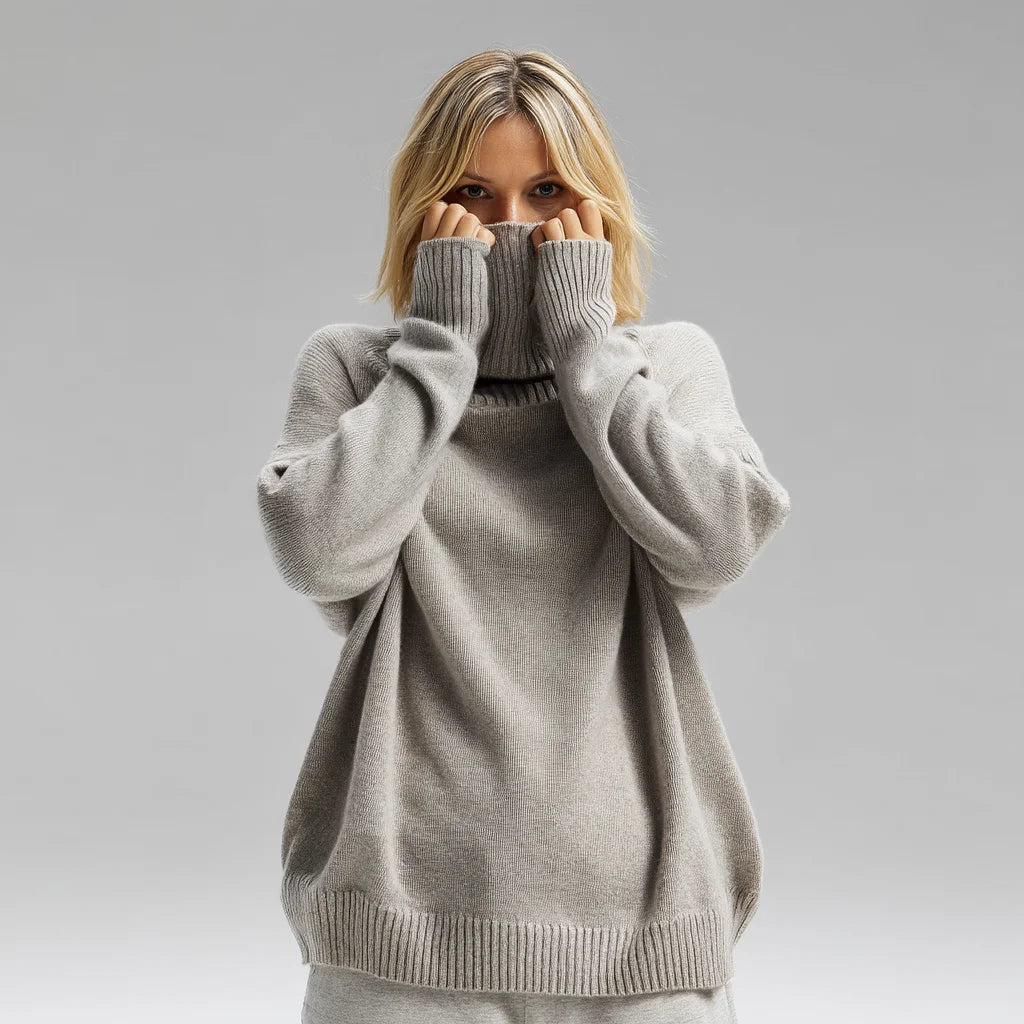 Women's Casual Style Loose Fit Oversized Cashmere Turtleneck Sweater Long Sleeve Winter Knitwear Bow Collar Appliques Front Logo