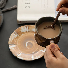 Japanese-style Coffee Mug Handmade Retro Stoneware Breakfast Cup Hand Punch Coffee Cup Set with Cup and Saucer