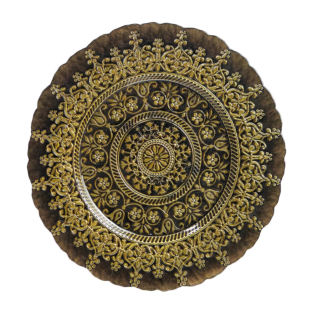 Luxury Wedding Table Setting Black Gold 13" Round Antique Glass Dinner Chargers Plate with Gold Pattern for Party Event