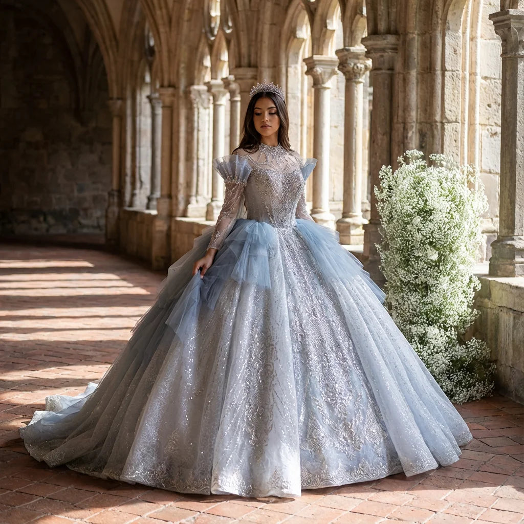 New Design Beads and Diamonds Modest Long Sleeve Wedding Dress Dusty Blue Ball Gowns XS001