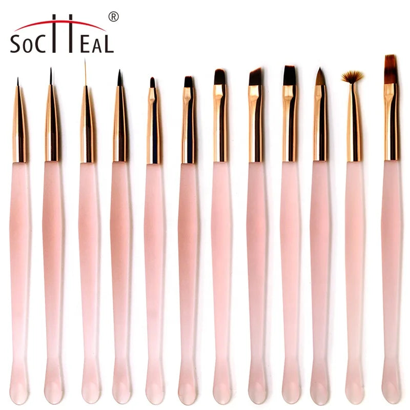 Hot Sale Durable Multifunctional pink Handle Nylon Liner Gel Oval Flat Slanted 3D Fan Ombre Nail Brush