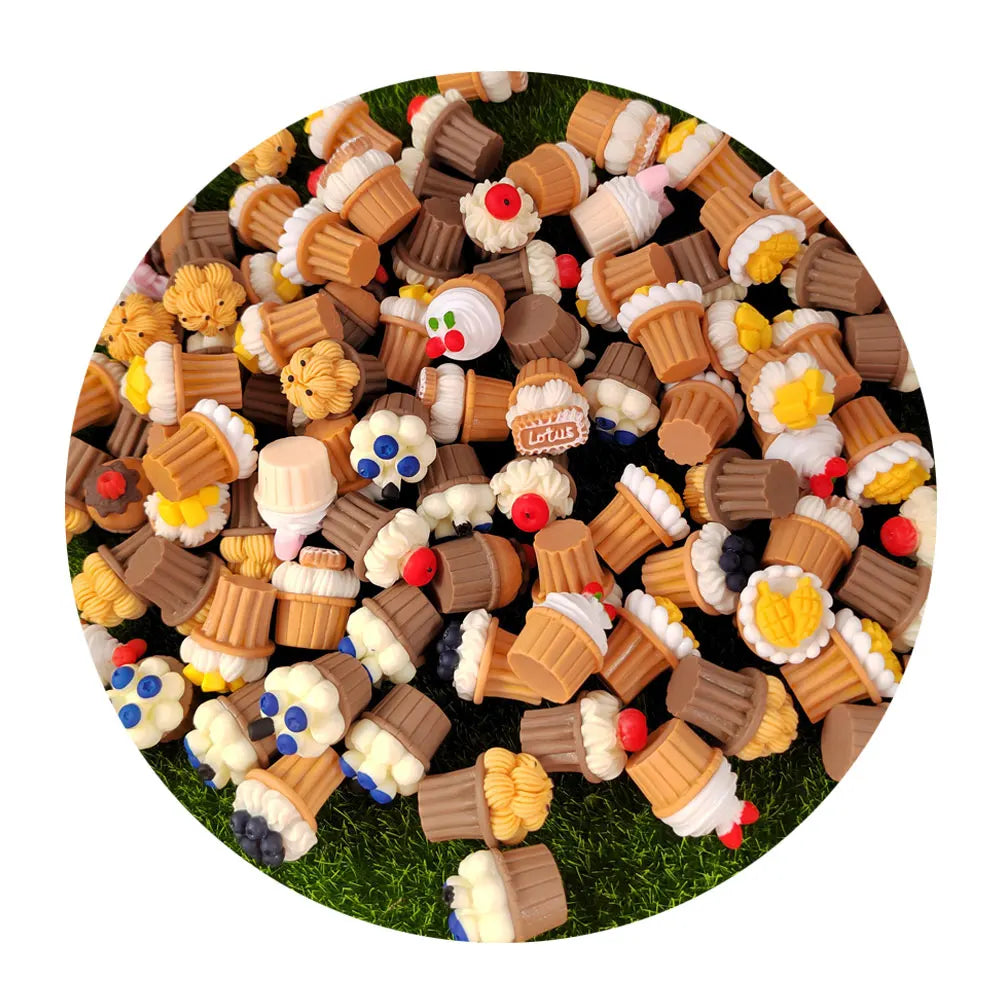 100X Kawaii 3D Resin Mini Cupcake Cookie Ornaments Simulation Food Home Art DIY Craft Supplies Kids Doll House Cake Accessories