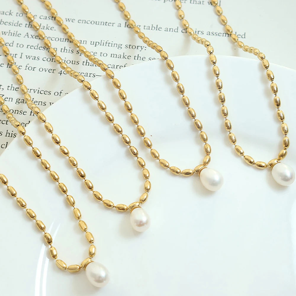 2024 New Minimalist Fashion Women Beaded Chain Stainless Steel Necklace Freshwater Pearl Jewelry