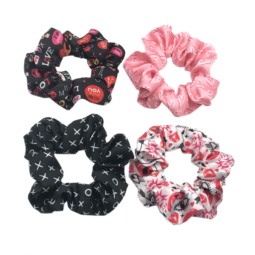 100pcs 4 Colors Valentine's Day Hair Scrunchies Wholesale Girls LOVE Elastic Band Scrunchies Headwear Hair Tie Ponytail Holder