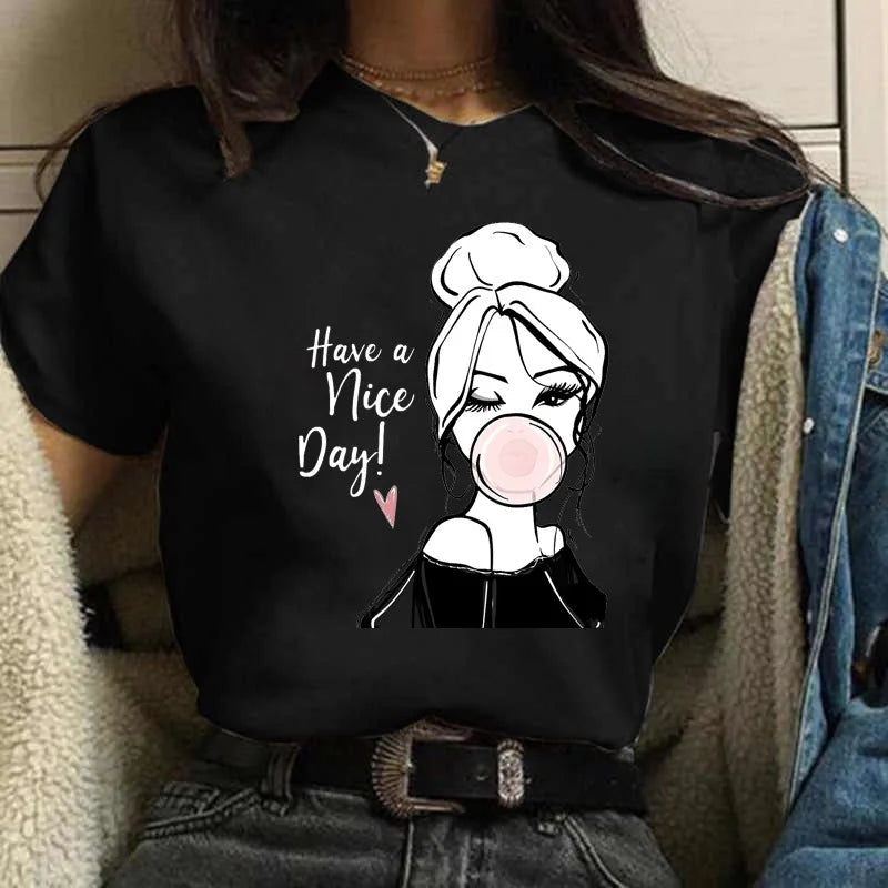 Wholesale Cheap Women Basic White Tee Casual Graphic Tshirt Fashion Lady Female Girls Cartoon Pattern Printed Plus Size T-Shirt