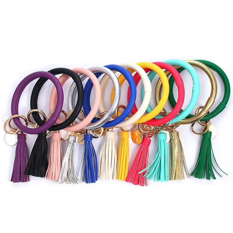 Large Round Keychain Bracelet with Tassel Circle Pu Leather Wristlet Key Ring for Women Bangle Key Chains Holder for Girls