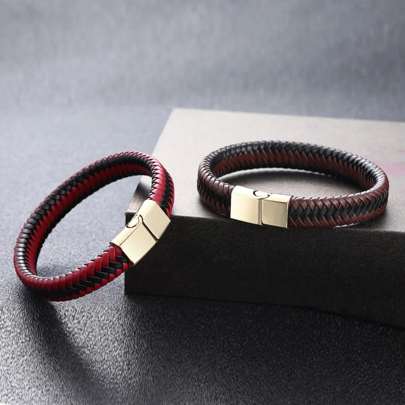 Retro Luxury Pulseras Para Hombres Hand-woven Magnet Buckle Men's Leather Red Bracelet Bangle with Stainless Steel Clasp