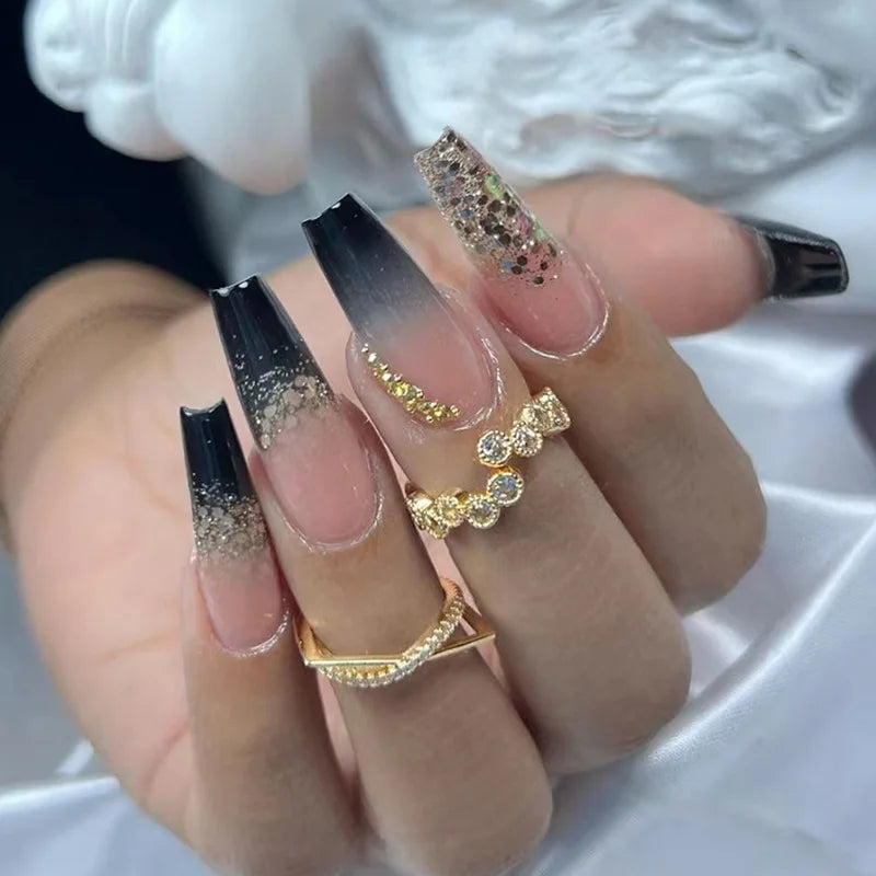 Wholesale Handmade Long Coffin Salon Glitter False Nails Custom Press on Nails