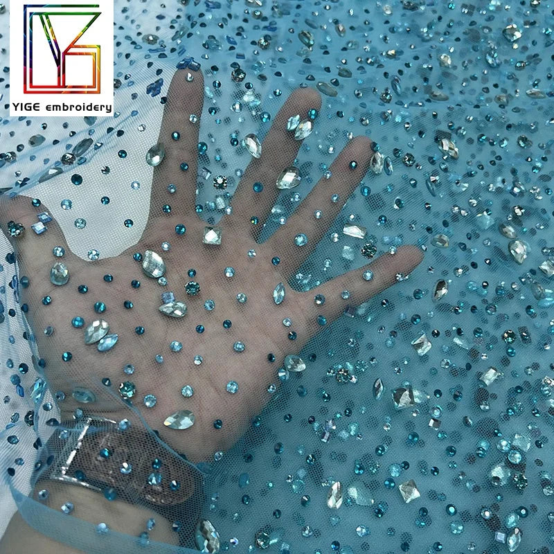 New Luxury Crystal Rhinestone Lace Blue for Evening Dress Tulle Crystal Stones Lace Fabric
