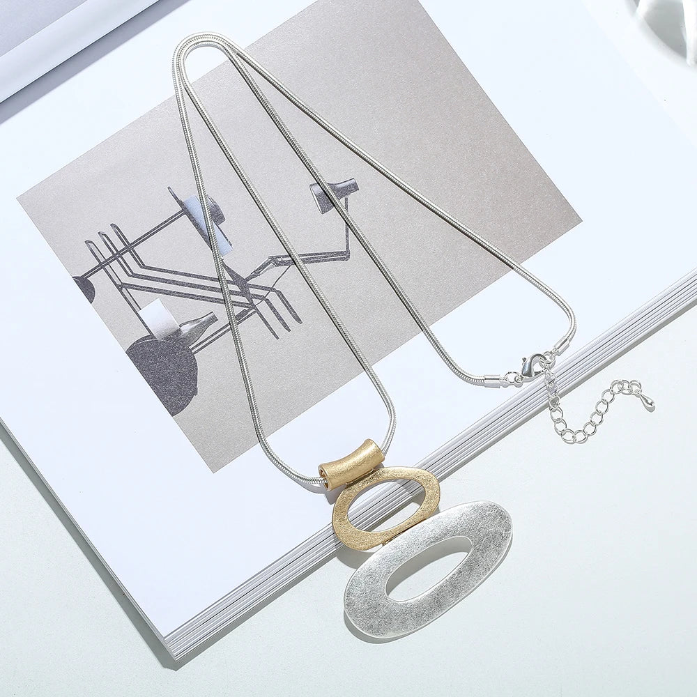 TongLing Double Loop Long Snake Chain Pendant Necklace Vintage Style Two Tone Alloy Necklace Jewelry