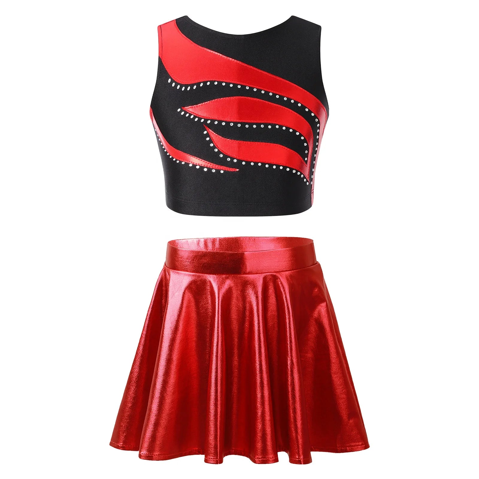 Wholesale Custom Kids Girls Cheerleading Uniforms Rhinestone Decorated Sleeveless Two-Piece Dance Outfit