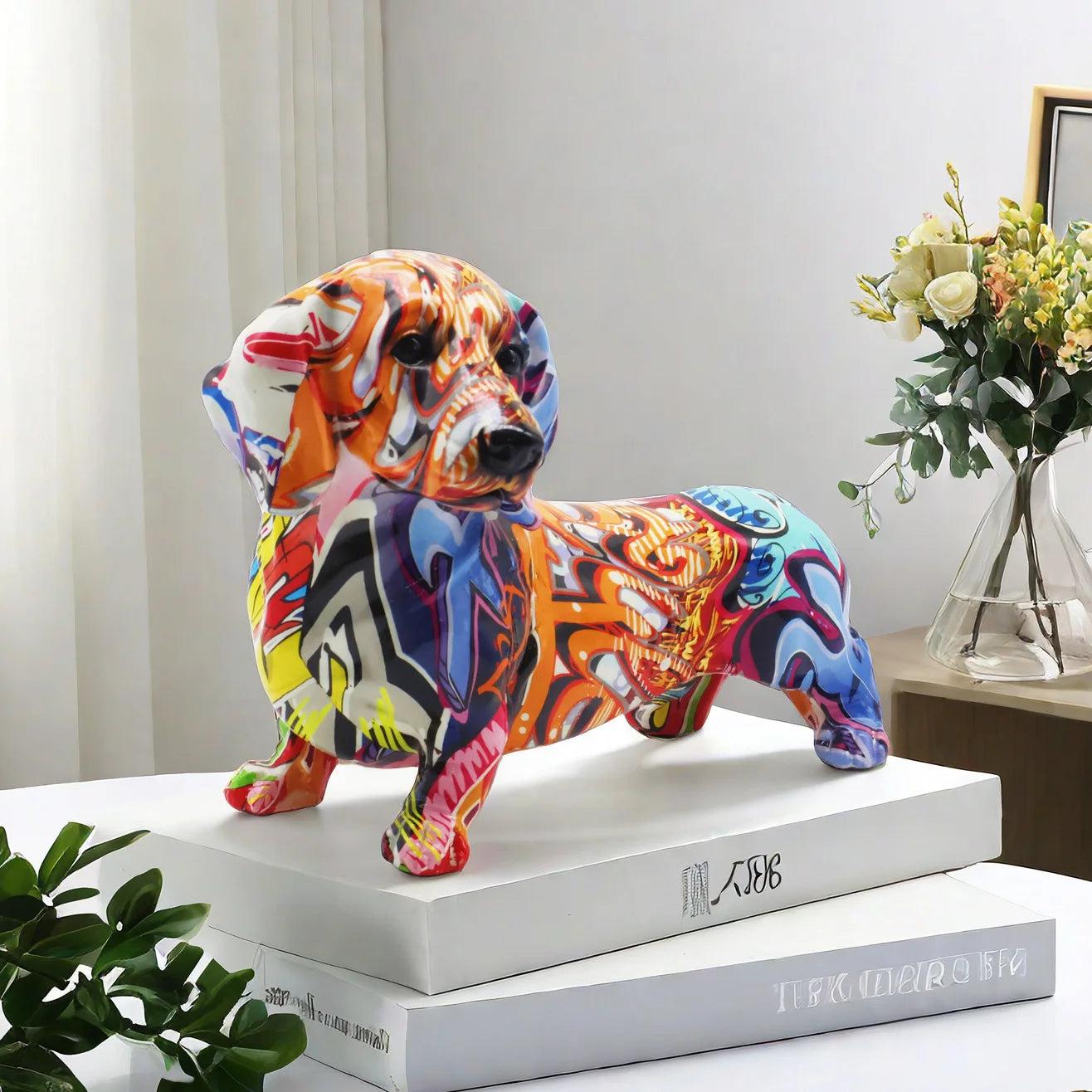 Nordic Style Artificial Dachshund Resin Figurine Colorful Graffiti Simulation Pet Dog Statue for Home Decor and Birthday Gift