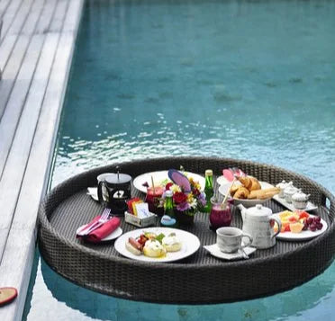 Wholesale Holiday Modern Multi-shape PE Rattan & Aluminium Alloy Floating Breakfast Serving Tray for Swimming Pool