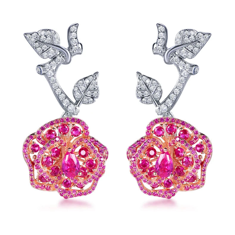 HanYu Luxury Rose Flower Charm Earrings 925 Sterling Silver Lab Grown Ruby Stud Earrings