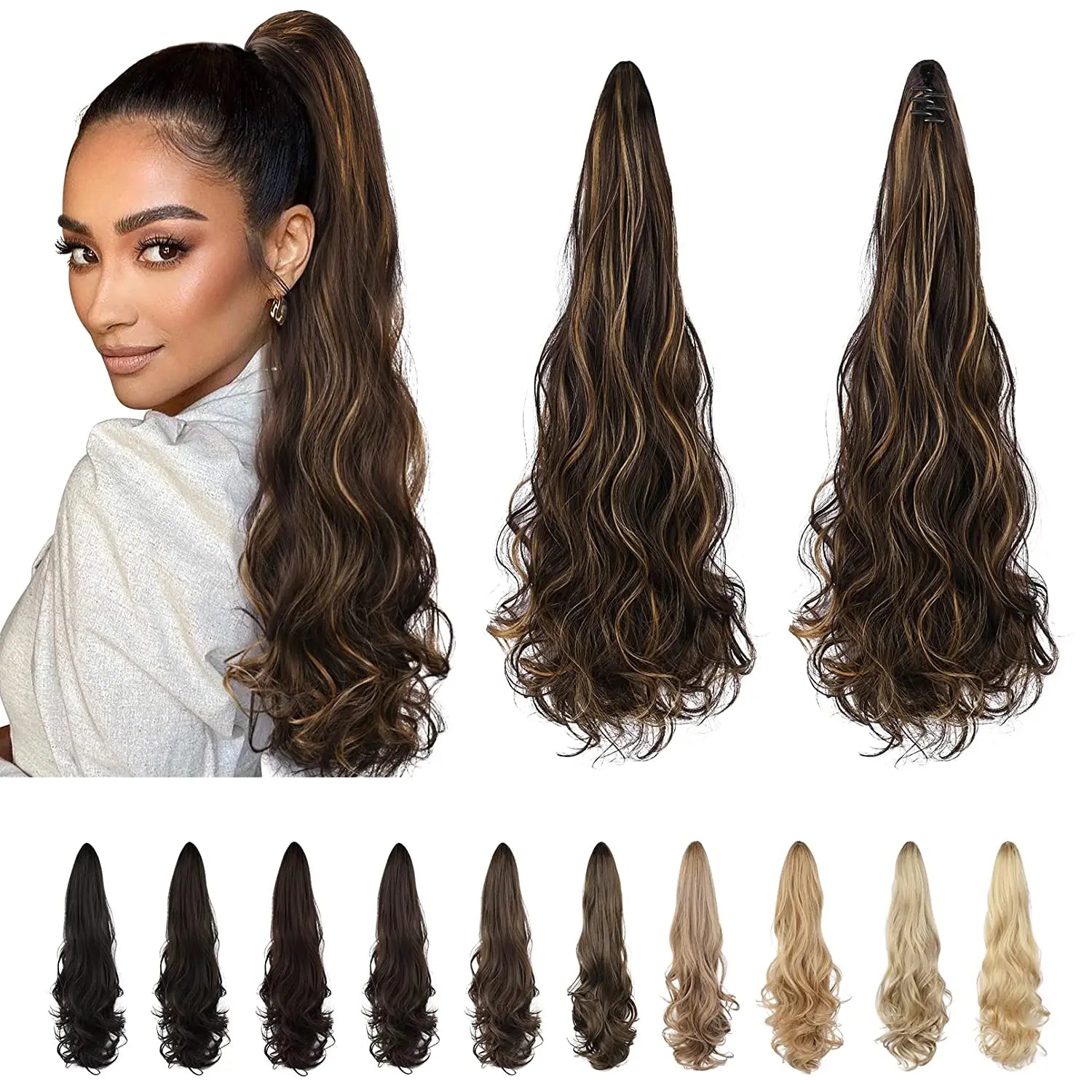 Ponytail Extension Claw Long Curly Ponytail Natural Soft Clip Hair Synthetic Women's Wig 24 "maroon Gold Highlight