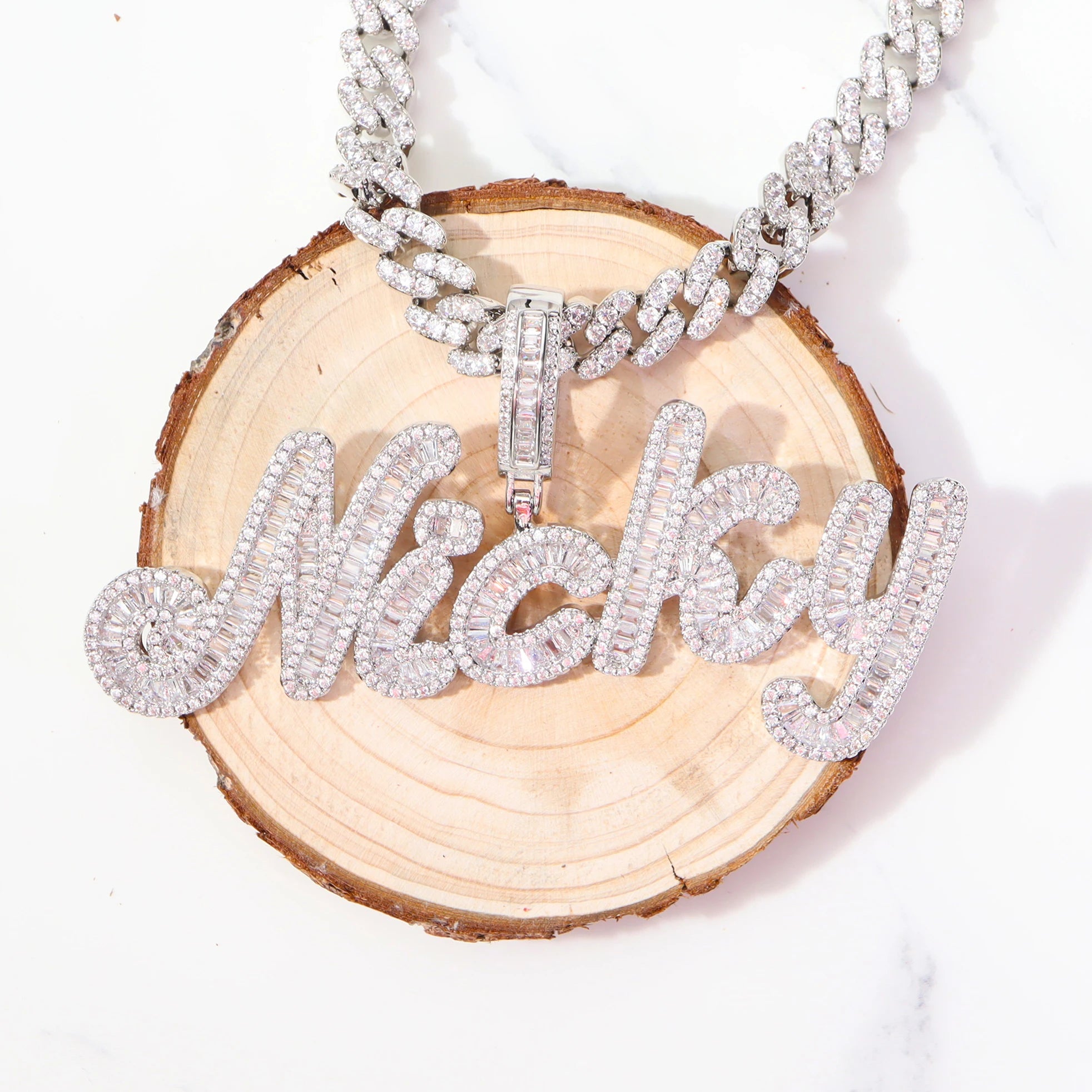 TOP ICY Luxury Shiny Baguette Letters Zircon Necklace Custom Name HipHop Jewelry Personalized Pink Brass Name Plate Necklace
