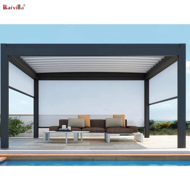 Modern Aluminum Pergola Intelligent Outdoor Canopy with Adjustable Retractable Cover Powder Coated Garden Gazebo Motorized