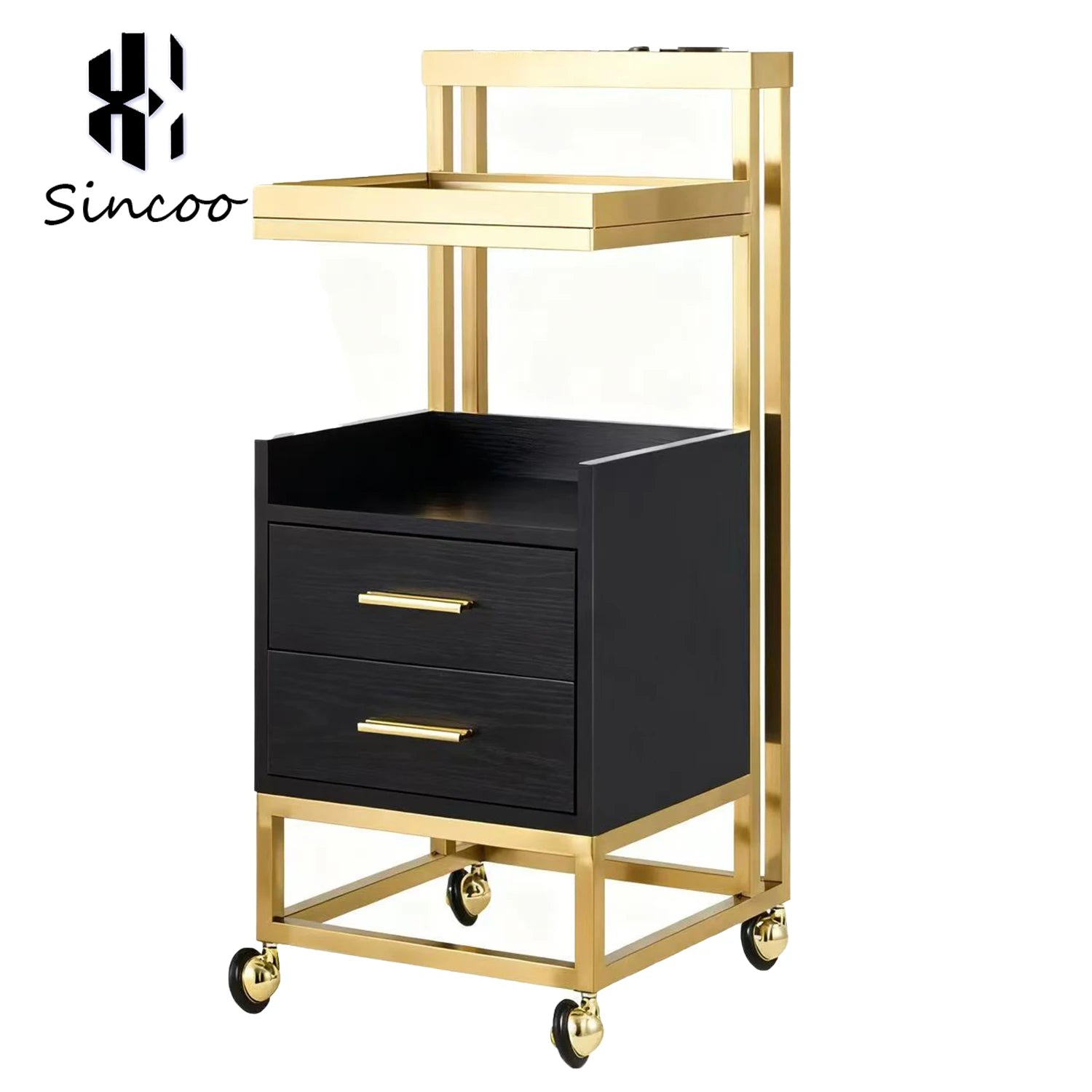 Hight Quality Salon Beauty Trolley White MDF and Gold Metal Style Furniture Hand Carts Trolleys for Barber Shop