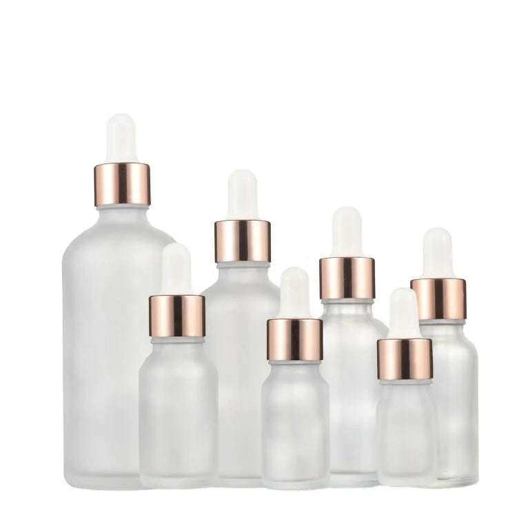Wholesale 10ml 15ml 20ml 30ml 50ml 100ml White Frosted  Essential Oil Serum Glass Bottle with Rose Gold Dropper Cap
