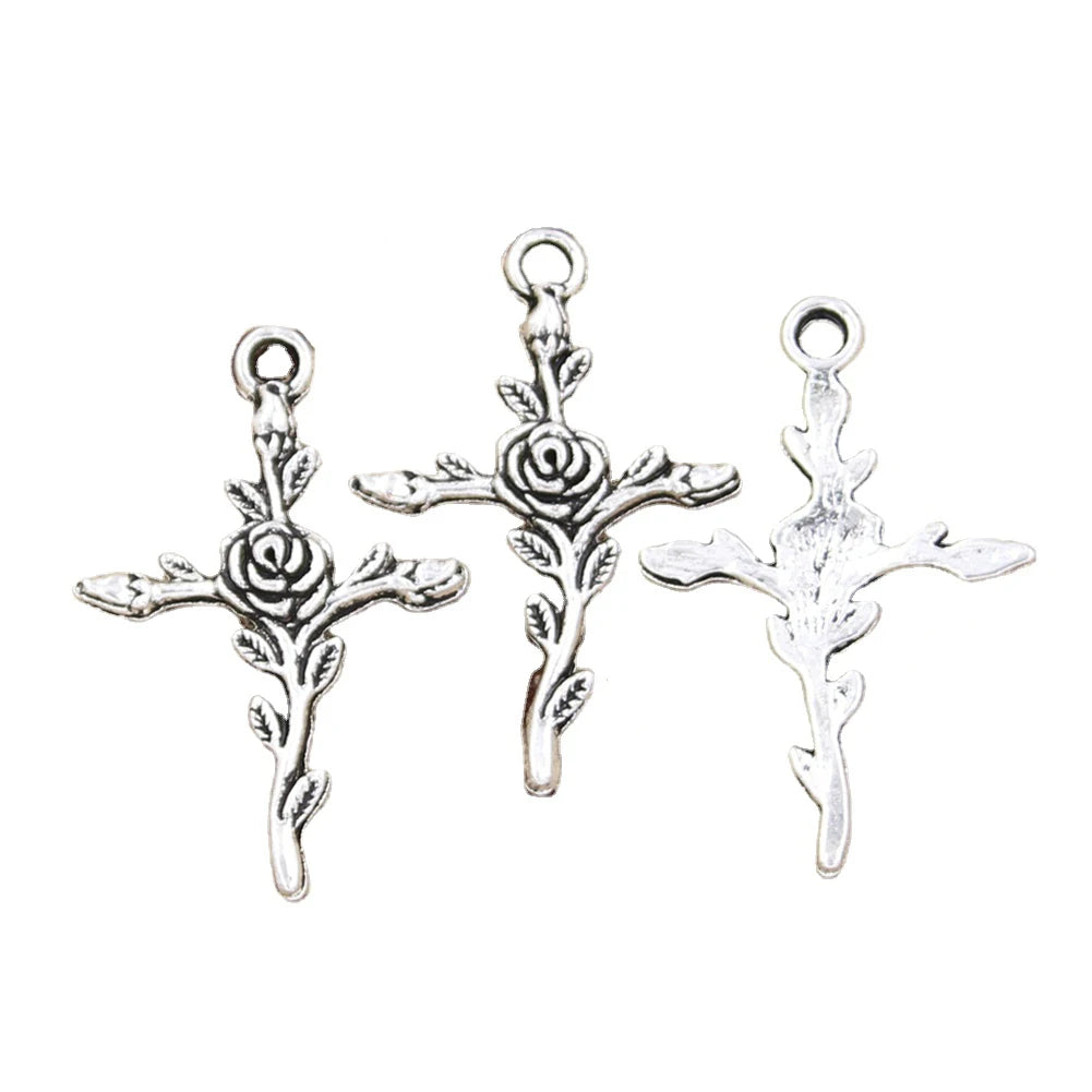Charms Cross Flower Branch 35x23mm Handmade Making FitVintage Tibetan Silver Color PendantsDIY for Bracelet Necklace