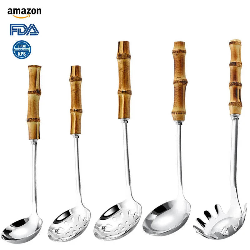 Hot Pot Dipping Shell Leakage Wooden Cooking Utensils Set Shell Colander Ladle Soup Spoon Scoop with Bamboo Handle