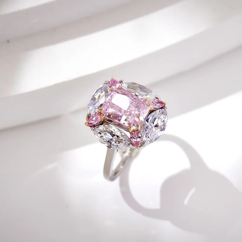 Aimgal NGTC Certified Lab Radian Pink Diamond Cocktail Ring 8A High Carbon Diamond 18K Gold-Plated 925 Silver Trendy Party Gift