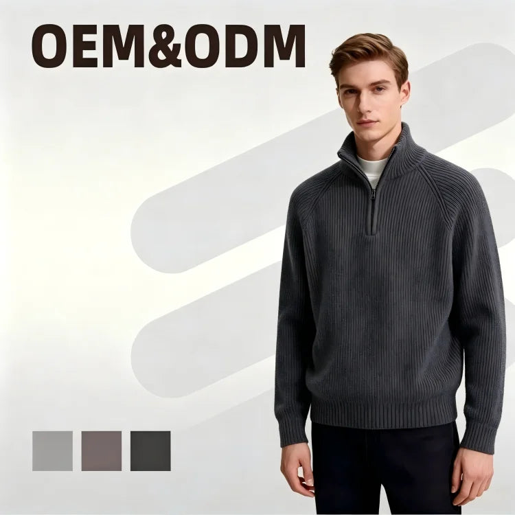 Custom Men's Turn-down Collar Zipper Autumn Winter Korean Style High-Grade Knitted Loose Fit Solid Color Top Sweater