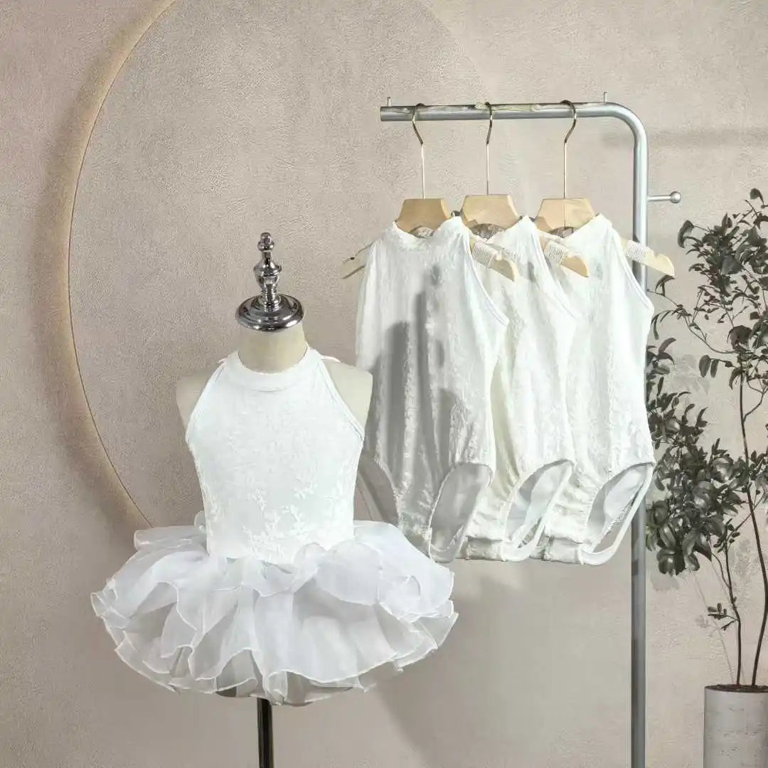 2025 Hot Sale Girls White Lace Ballet Leotard Kids High Neck Tutu Dance Leotard Princess Dress