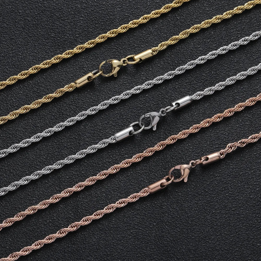 Stainless Steel 3mm Rope Chain PVD Vacuum Plating 18K Gold No Fade Rope Chain Hip Hop Jewelry