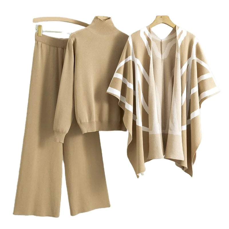Wholesale Three-Piece Suit for Women Temperament Socialite Lazy Style Knitted Sweater and Pants Set Wide Leg Pants Set