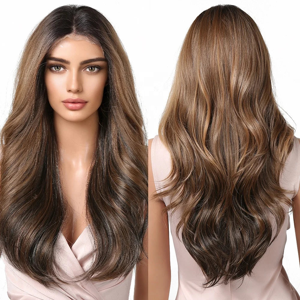 Japan Fiber 13*4 Synthetic Lace Wig Brown Ombre Lace Front Wigs Long Wavy with Dark Root Wigs for Women Daily Cosplay Glueless