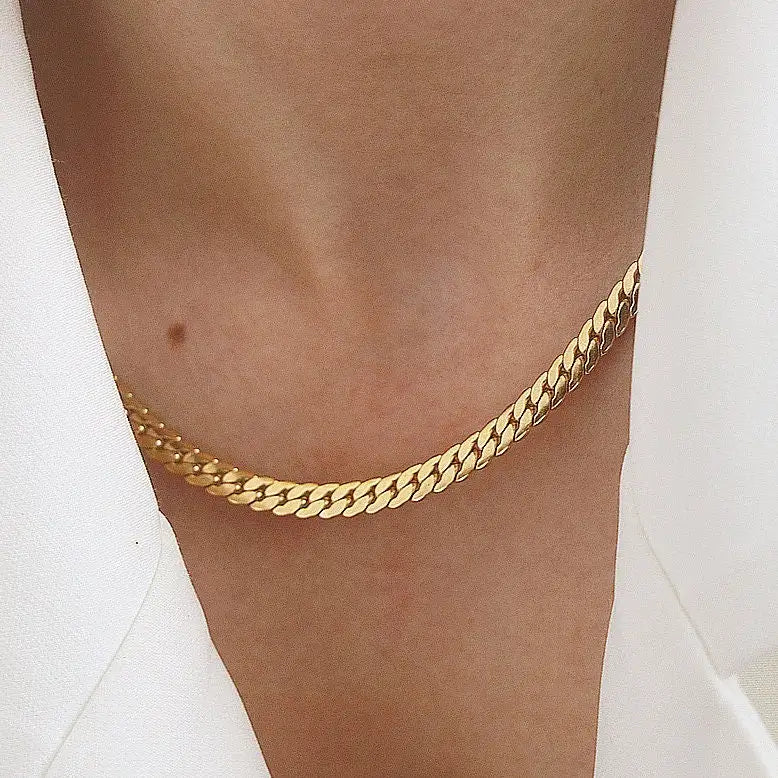 Waterproof Daily Wear Herringbone Chain Necklace18K Gold Plated Flat Snake Necklace Stainless Steel Chocker Jewelry
