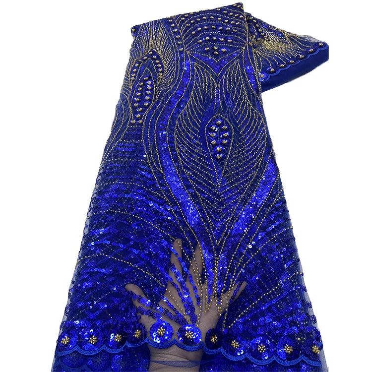 Fancy African Lace Fabric Blue Sequins Embroidery Beaded Lace Fabric for Evening Dresses