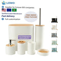 OEM ODM Luxury Bamboo Plastic Bathroom Set Modern Trash Can Soap Dispensers Soap Dish Toothbrush Holder Toilet Brush for Kitchen