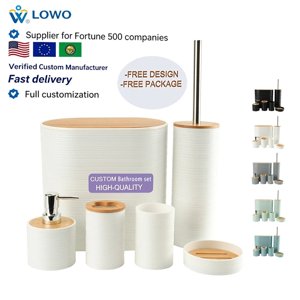 OEM ODM Luxury Bamboo Plastic Bathroom Set Modern Trash Can Soap Dispensers Soap Dish Toothbrush Holder Toilet Brush for Kitchen