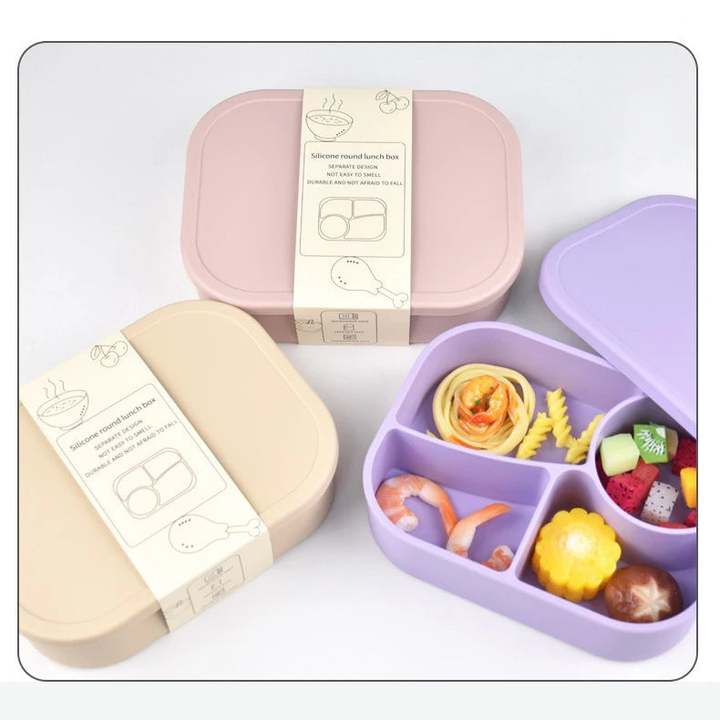 2026 New Rectangle Eco-Friendly Silicone Divide Bento Box Kids Silicone Lunch Box Food Storage Container Silicone Bento Box