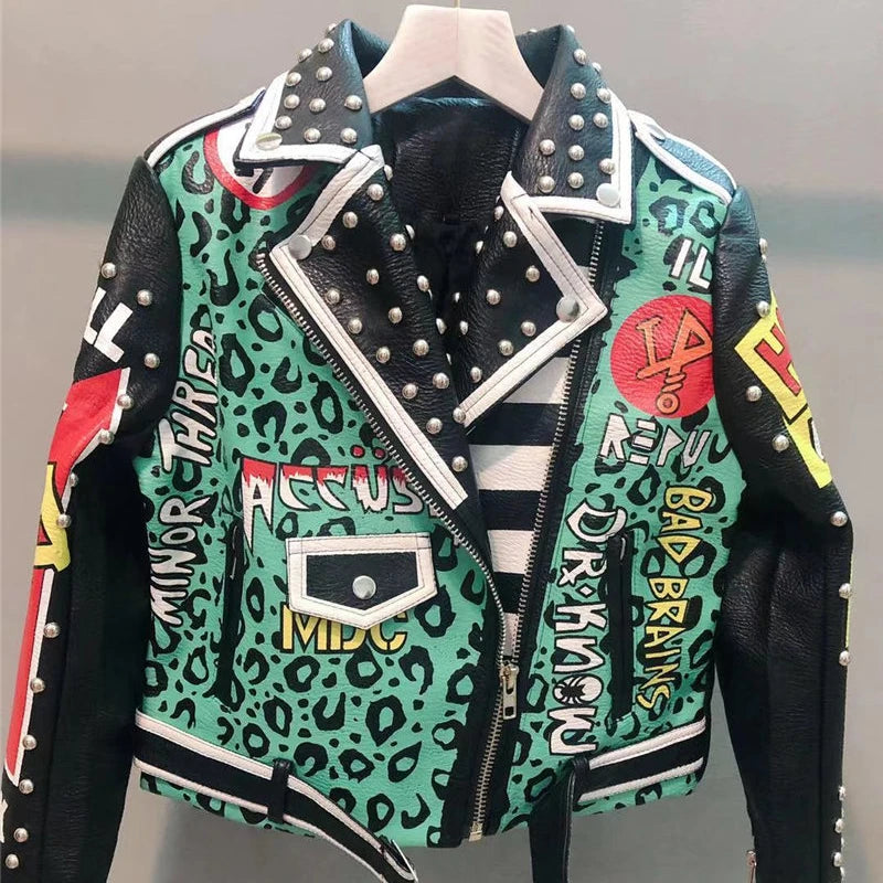 Women Fashion Leather Jacket Punk Street Jacket Green Singer Stage Performance Show Costume