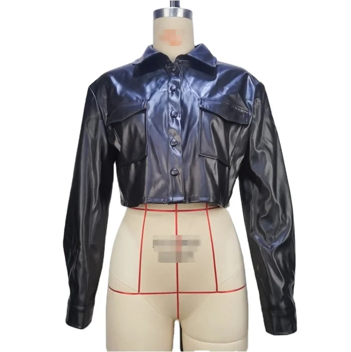 Fashion Autumn and Winter New Long-sleeved Short Dress With Navel Exposed PU Women's Long-sleeved Pocket Leather Jacket Jacket
