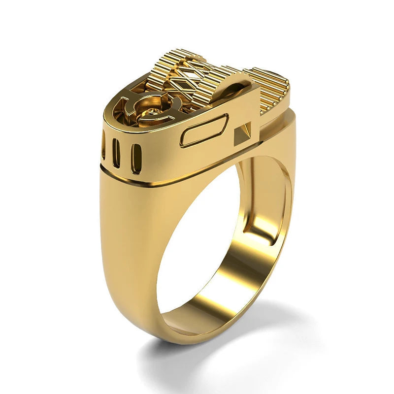 14K Gold Men's Wedding Band Classic Styling Ring with Princess Cut Diamond Creative Lighter Design