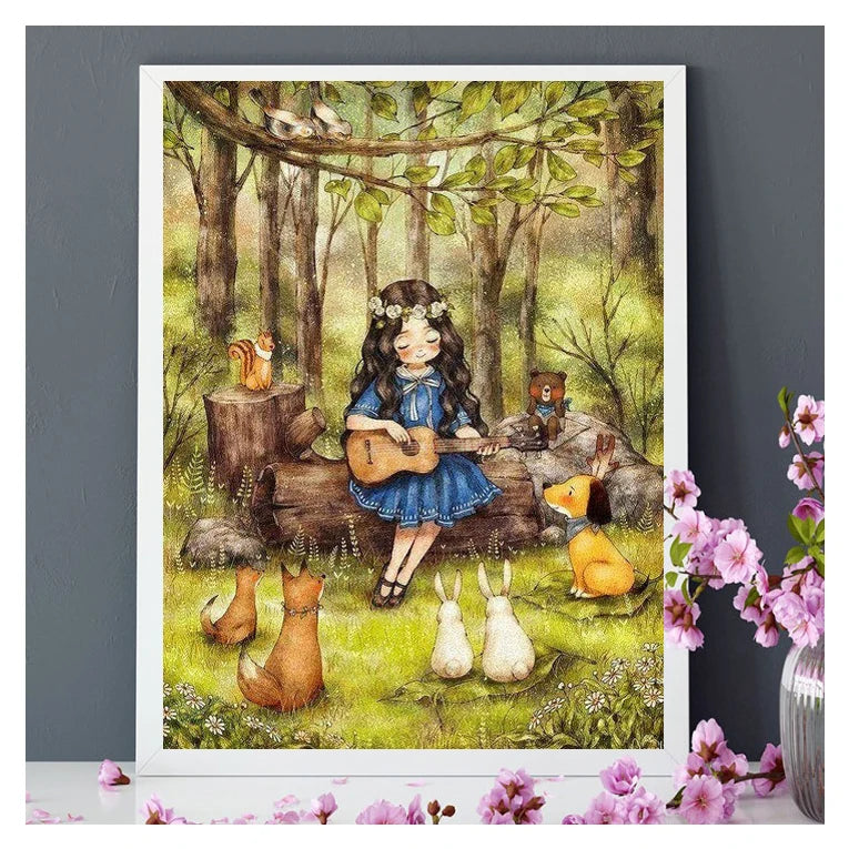 5D Diamond Painting Cartoon Girl Cat Dog in the Forest Flower Full Drills Diamond Mosaic Embroidery Cross Stitch Home Decor Gift