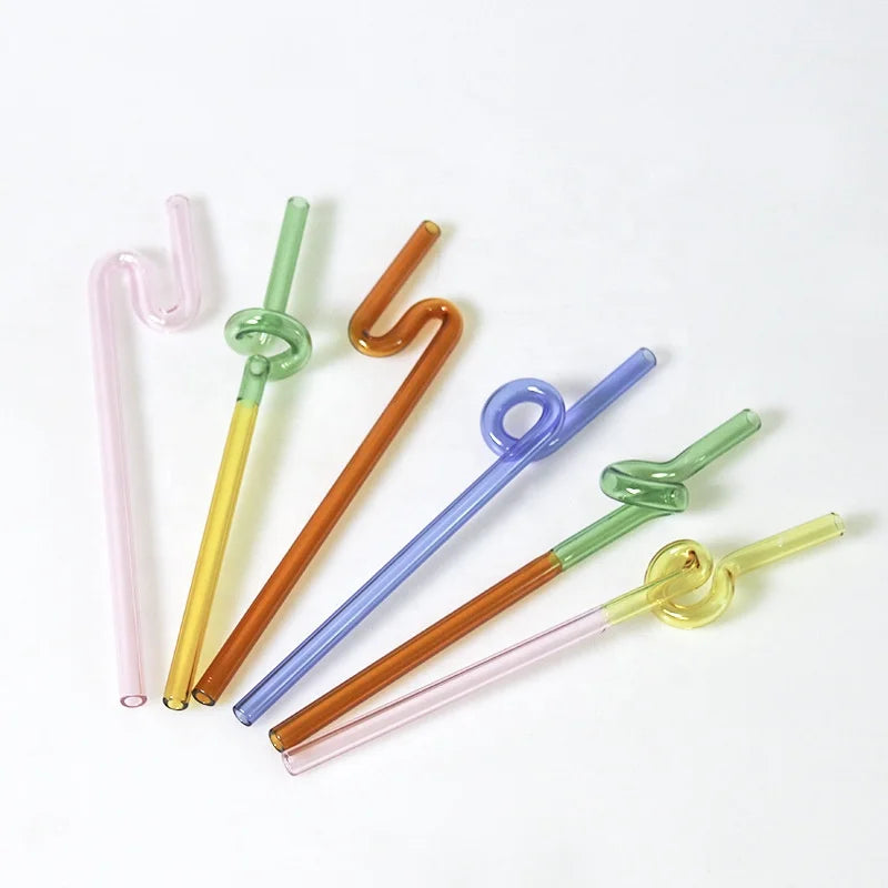 Custom BPA Free Bent Bar Accessories Coffee Juice Smoothies Milkshake High Borosilicate Colorful Reusable Drinking Glass Straw