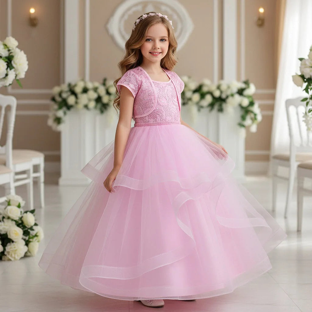 European Style Fluffy Flower Girl Child Wedding Dress Pink Girl Party Dresses Layered Design Big Girl Dresses for 12 Years Old
