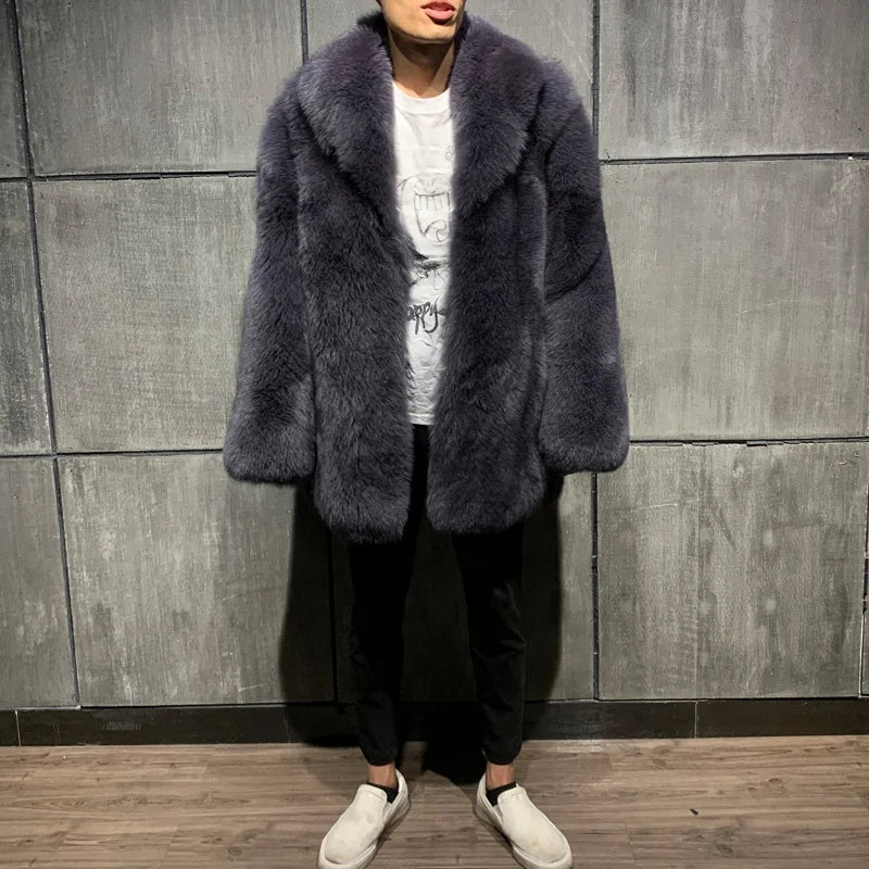 Men's Fur Winter Warm Full Pelt Turn-Down Collar Men Fur Long Coat Fox Fur Coat for Men