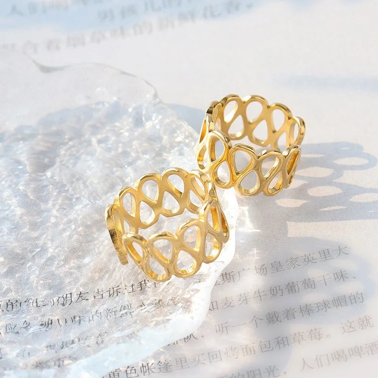 New Model Trendy Ring Hollow Design Open Ring Fashion 18k Gold Plated Non Tarnish Stainless Steel Finger Ring for Women