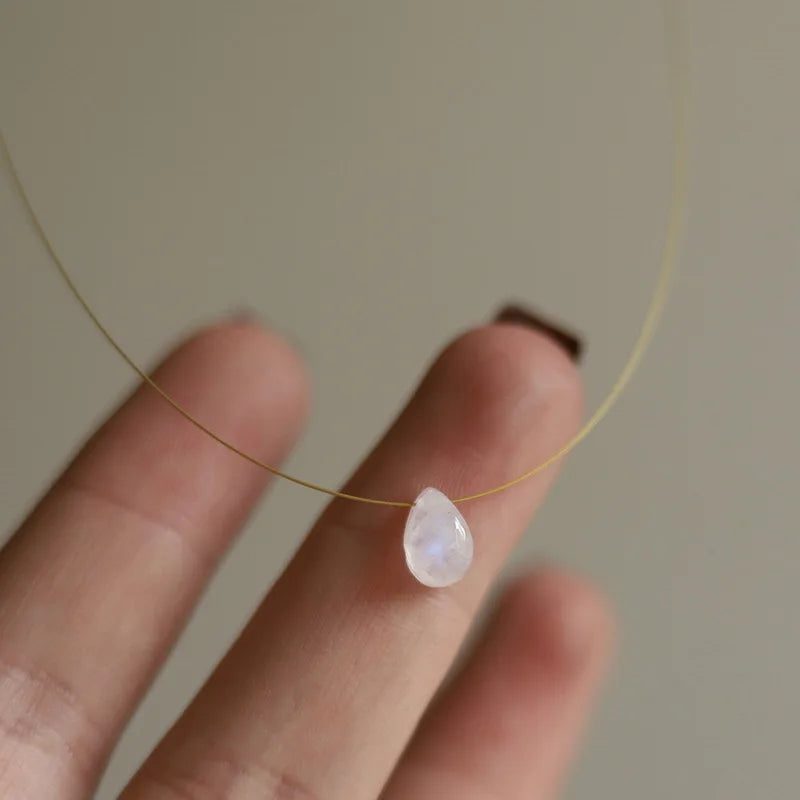 Gold Plated Stainless Steel Extremely Fine Gold Thread Moonstone Necklace Tear Drop Statement Necklace Moonstone Style Neckless